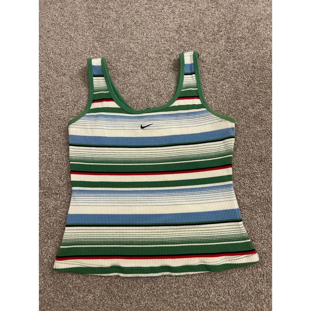 Nike Tank Top Womens Medium Green Blue Striped Excellent Ribbed Knit Swoosh